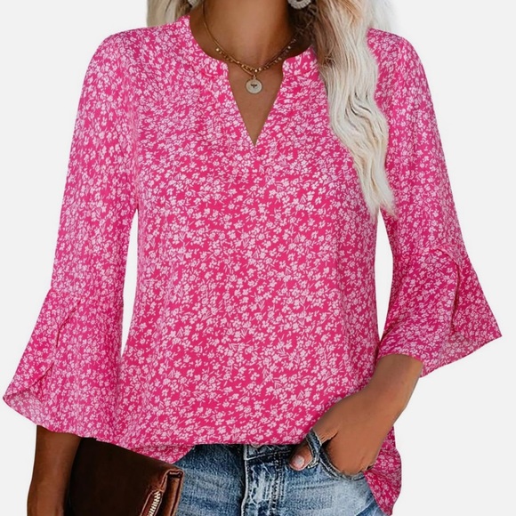 Gaharu Tops - Gaharu Women's Ditsy Floral Top V Neck Chiffon Blouse 3/4 Sleeve Pink Large